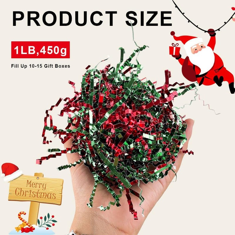 GlyinnHe 450g/1lb Christmas Crinkle Cut Paper Shred, Xmas Red Green Metallic Raffia Paper Confetti Shred Filler for Gift Baskets Box Filler Christmas Party Supply - Image 2